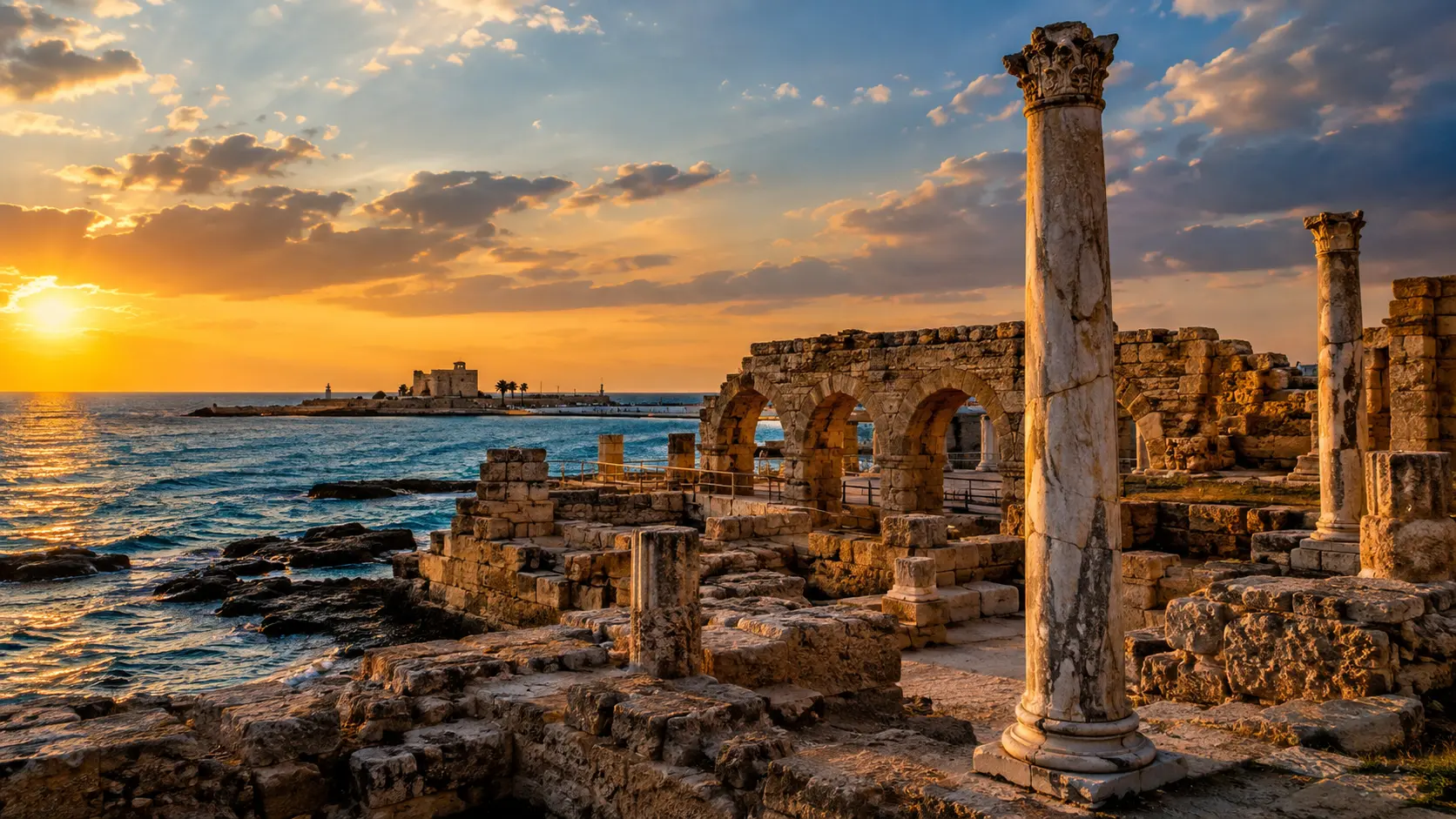 Teatro y ruinas romanas frente al mar en Cesarea Marítima
