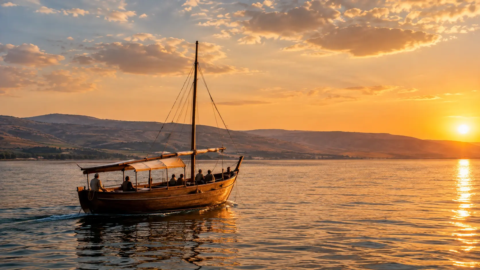 Embarcación tradicional navegando al atardecer en el Mar de Galilea